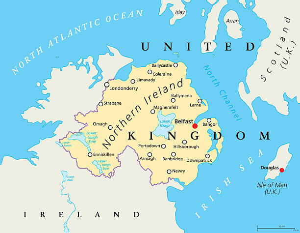 Northern Ireland Political Map Northern Ireland political map with capital Belfast, national border and cities. Northern Ireland is part of the United Kingdom in the northeast of the island of Ireland. English labeling and scaling northern ireland stock illustrations