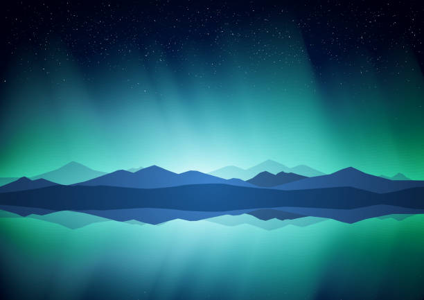 Northern landscape with Aurora, lake and mountains on the horizon. Vector illustration: Northern landscape with Aurora, lake and mountains on the horizon. arctic stock illustrations