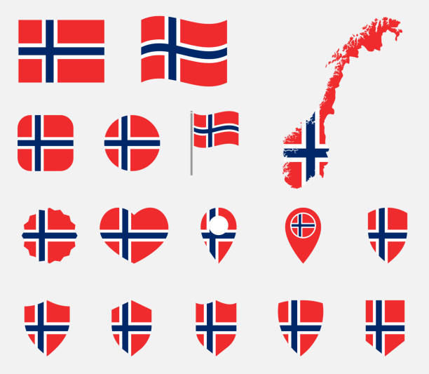 노르웨이 국기 아이콘 세트, 노르웨이 왕국의 국기 - oslo stock illustrations