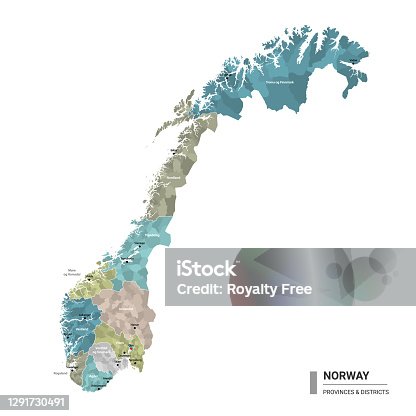 istock Norway higt detailed map with subdivisions. Administrative map of Norway with districts and cities name, colored by states and administrative districts. Vector illustration. 1291730491
