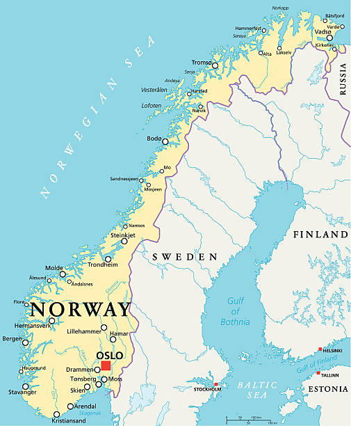 illustrazioni stock, clip art, cartoni animati e icone di tendenza di norvegia mappa politica - oslo