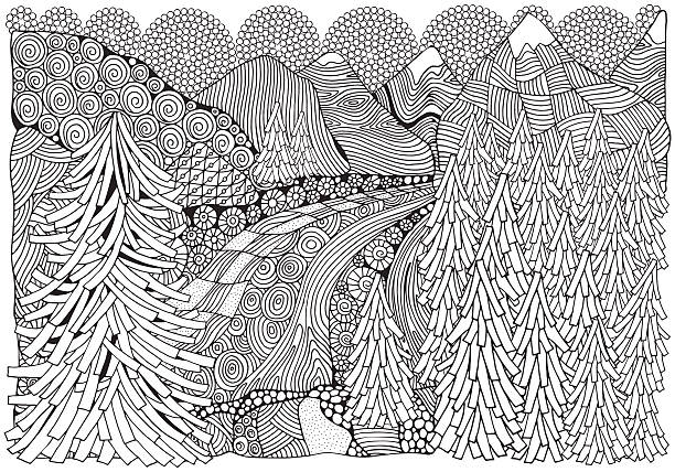 Norwegian fjords. Black and white abstract fantasy picture. Norwegian fjords. Black and white abstract fantasy picture. Fir trees, river and mountain views. Eco theme. Pattern for coloring book. Hand-drawn, ethnic, retro, doodle, vector,tribal adult coloring stock illustrations