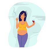 Not A Healthy Lifestyle For A Pregnant Woman Concept Pregnant woman holding a cigarette and a glass of wine, bad habits of expectant mothers, vector flat style.