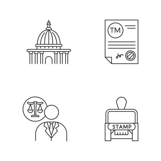 Notary services pixel perfect linear icons set. Trademark certificate. Supreme court. Lawyer. Stamp. Customizable thin line contour symbols. Isolated vector outline illustrations. Editable stroke  supreme court stock illustrations