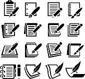 Notebook and Pen black and white royalty free vector interface icon set. This editable vector file features black interface icons on white Background. The interface icons are organized in rows and can be used as app interface icons, online as internet web buttons, and in digital and print.