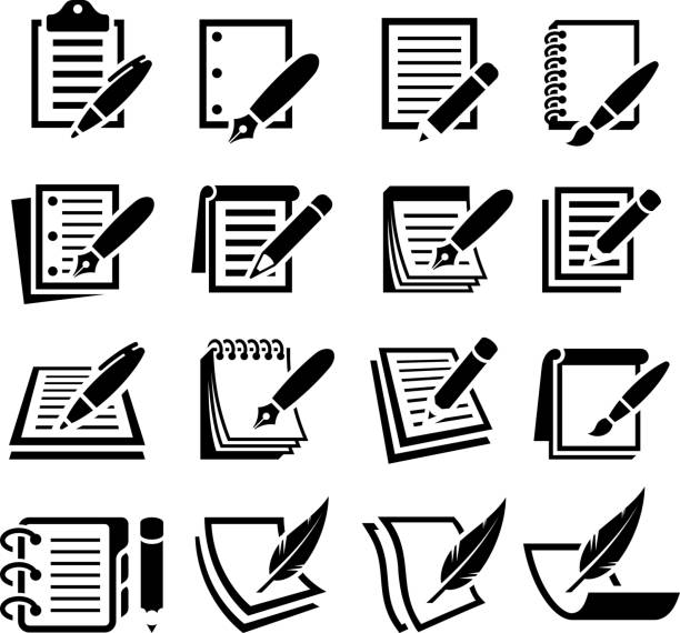 Notebook and Pen black & white vector icon set Notebook and Pen black and white royalty free vector interface icon set. This editable vector file features black interface icons on white Background. The interface icons are organized in rows and can be used as app interface icons, online as internet web buttons, and in digital and print. workbook stock illustrations