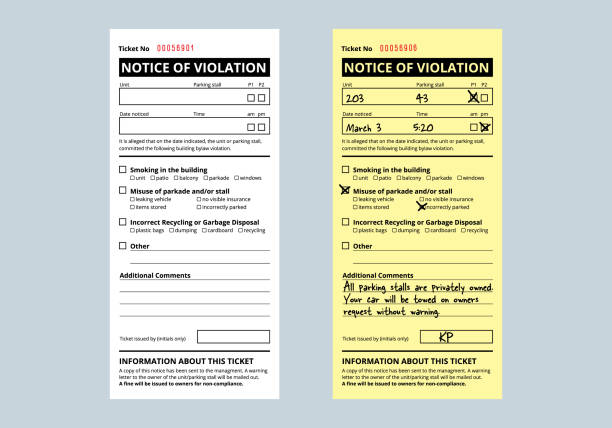 Notice of violation ticket for building bylaws. Bylaw infraction. Strata or rental property management tool to warn about smoking, parking and recycling.  Vector rule breaker stock illustrations
