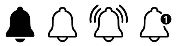 Notification bell icon. Alarm symbol. Incoming inbox message. Ringing bells. Alarm clock and smartphone application alert. Social media element. New message symbol flat style - stock vector. Notification bell icon. Alarm symbol. Incoming inbox message. Ringing bells. Alarm clock and smartphone application alert. Social media element. New message symbol flat style - stock vector. alertness stock illustrations