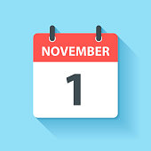 November 1. Calendar Icon with long shadow in a Flat Design style. Daily calendar isolated on blue background. Vector Illustration (EPS10, well layered and grouped). Easy to edit, manipulate, resize or colorize.