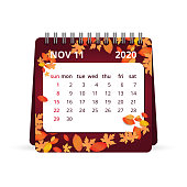 November 2020 Calendar with fall leaves. One Month Calendar, Week Starts Sunday. Vector illustration template