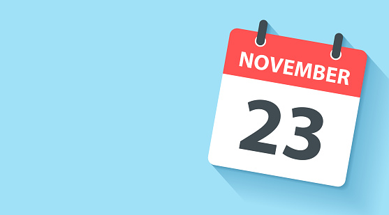 November 23. Calendar Icon with long shadow in a Flat Design style. Daily calendar isolated on a wide blue background. Horizontal composition with copy space. Vector Illustration (EPS10, well layered and grouped). Easy to edit, manipulate, resize or colorize. Vector and Jpeg file in different sizes.