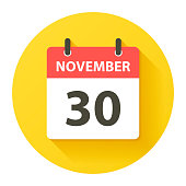 November 30. Round calendar Icon with long shadow in a Flat Design style. Daily calendar isolated on a yellow circle. Vector Illustration (EPS10, well layered and grouped). Easy to edit, manipulate, resize or colorize.
