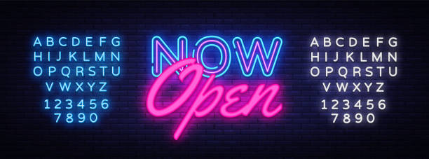 Now Open neon text vector design template. Now Open neon logo, light banner design element colorful modern design trend, night bright advertising, bright sign. Vector. Editing text neon sign Now Open neon text vector design template. Now Open neon logo, light banner design element colorful modern design trend, night bright advertising, bright sign. Vector. Editing text neon sign. urgency stock illustrations