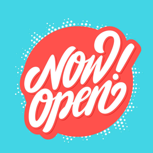 Now open sign. Vector lettering. Now open sign. Vector hand drawn illustration. urgency stock illustrations