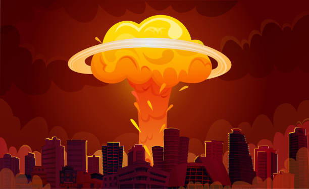 nuclear explosion city Downtown city center skyscrapers with bright orange fiery nuclear explosion mushroom clouds retro cartoon poster vector illustration destruction stock illustrations