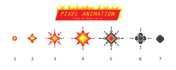 Nuclear explosion. Pixel art 8 bit fire objects. Game icons set. Comic boom flame effects. Bang burst explode flash dynamite with smoke. Digital icons. Animation Process steps Nuclear explosion. Pixel art 8 bit fire objects. Game icons set. Comic boom flame effects. Bang burst explode flash dynamite with smoke. Lit match and bonfire. Digital icons. Animation Process steps digital animation stock illustrations