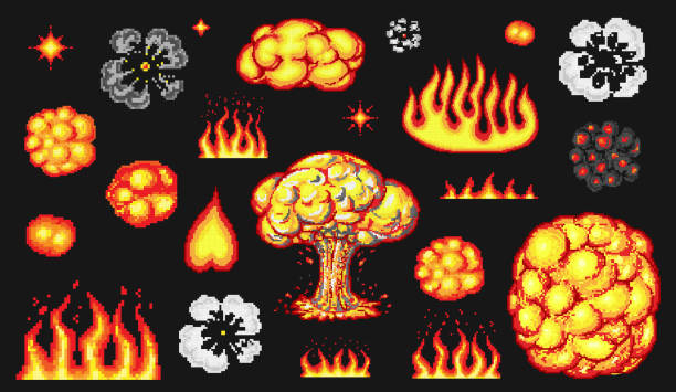 Nuclear explosion. Pixel art 8 bit fire objects. Mushroom cloud. Game icons set. Comic boom flame. Bang burst explode dynamite with smoke. Lit match and bonfire. Digital icons. Animation Process steps Nuclear explosion. Pixel art 8 bit fire objects. Game icons set. Comic boom flame effects. Bang burst explode flash dynamite with smoke. Lit match and bonfire. Digital icons. Animation Process steps digital animation stock illustrations