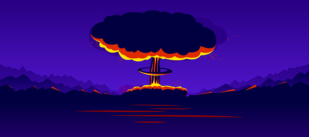 Nuclear explosion vector illustration, apocalypse theme, world war 3, atomic bomb mushroom Armageddon.