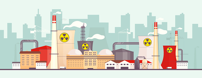 Nuclear plant near city flat color vector illustration. Air polluting power station 2D cartoon landscape with cityscape on background. Environment contamination. Dangerous factory emitting toxic smog