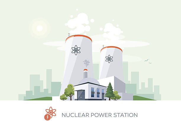 Nuclear Power Plant Vector illustration of nuclear power plant factory icon with sun and urban city skyscrapers skyline on green turquoise background. nuclear power station stock illustrations