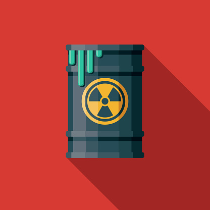 A flat design nuclear waste barrel icon with a long shadow. File is built in the CMYK color space for optimal printing. Color swatches are global so it’s easy to change colors across the document.