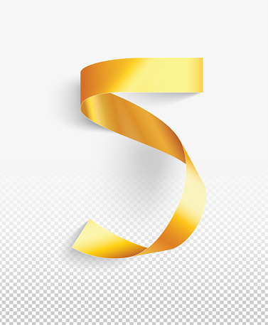Number 5 in vector - a narrow strip of paper painted gold bent into  round shape - 3D realistic object isolated on background with light and shadows - shiny cut out extravagance design element