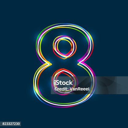 istock Number 8 - Vector multicolored outline font with glowing effect isolated on blue background. 823327230