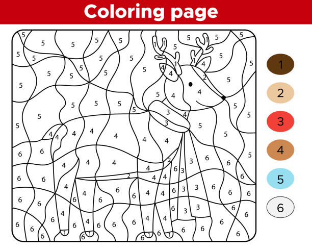 Number coloring page for preschoolers. Cute cartoon deer with scarf. Educational game for children. christmas coloring stock illustrations