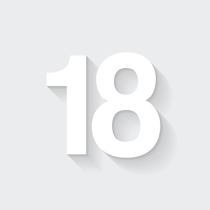 18 - Number Eighteen. Icon with long shadow on blank background - Flat Design