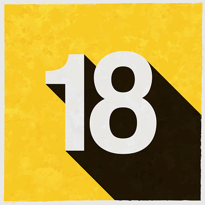 18 - Number Eighteen. Icon with long shadow on textured yellow background