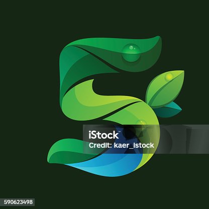 istock Number five icon with green leaves and water waves. 590623498