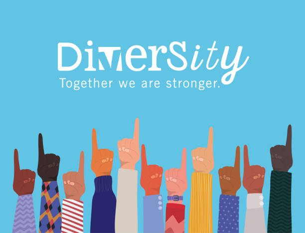 ilustraciones, imágenes clip art, dibujos animados e iconos de stock de número uno signo con las manos para arriba y la diversidad juntos somos más fuerte diseño vectorial - diversity