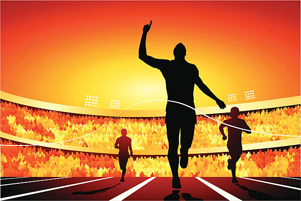 Number one Crossing the finishing line with a raised arm. success silhouettes stock illustrations