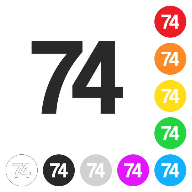 74 - nummer vierundsiebzig. symbol auf bunten schaltflächen - seventyfour stock-grafiken, -clipart, -cartoons und -symbole
