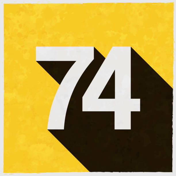 74 - nummer vierundsiebzig. symbol mit langem schatten auf strukturiertem gelbem hintergrund - seventyfour stock-grafiken, -clipart, -cartoons und -symbole