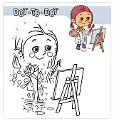 Vector numbers game, education game for children, Little girl painting on a canvas