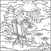 Numbers vector game for children: Girl artist draws on nature, open air