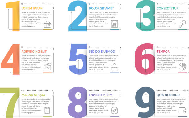 Numbers Set of nine numbers with place for your text, can be used as steps, options, process design, workflow, vector eps10 illustration infographic stock illustrations