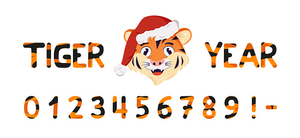 Numbers with striped tiger pattern and muzzle of animal predator in Santa hat