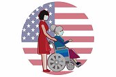 Illustration of a nurse taking care of a senior woman in a wheelchair with American flag in the background