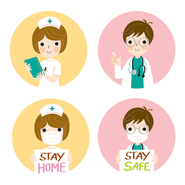 nurse doctor stay home character set vector art illustration