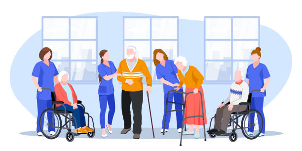 stockillustraties, clipart, cartoons en iconen met verpleegster het verzorgen van ouderen in het ziekenhuis. vector platte cartoon illustratie. - bejaard