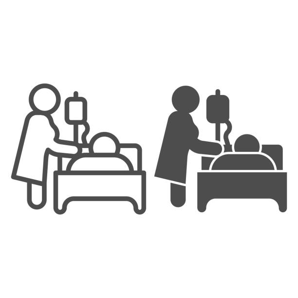 Nurse visiting patient lying bed with dropper line and solid icon, disability concept, nurse with dropper and patient bed sign on white background, patient care icon in outline style. Vector graphics. Nurse visiting patient lying bed with dropper line and solid icon, disability concept, nurse with dropper and patient bed sign on white background, patient care icon in outline style. Vector graphics patient in hospital bed stock illustrations