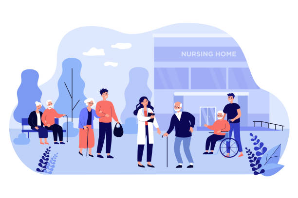 ilustrações de stock, clip art, desenhos animados e ícones de nurse, visitors and old people in front of nursing home - wheelchair street happy
