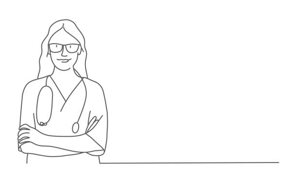 Nurse with arms crossed Nurse with arms crossed. Line drawing vector illustration. nurse face stock illustrations