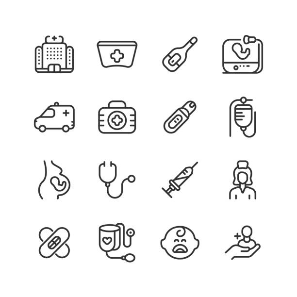 Nurse-Midwifery, Hospital, Embriyo, Ambulance, Pregnancy Test Icons Nurse-Midwifery, Hospital, Embriyo, Ambulance, Pregnancy, Nurse Hat, Thermometer, Ultrasound, Serum, First Aid Kit, Patient Care, Medical Dressing, Anesthetize, Stethoscope, Gestation, Childbirth Test Icons pregnant drawings stock illustrations
