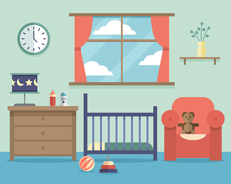 Nursery baby room interior with furniture in flat style