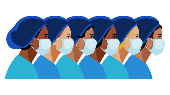 Nurses and doctors. Multi-ethnic women. A group of nurses with different skin color. Medical staff are fighting a viral infection. Vector illustration of a nurse in blue uniform.