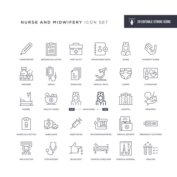Nursing and Midwifery Editable Stroke Line Icons 29 Nursing and Midwifery Icons - Editable Stroke - Easy to edit and customize - You can easily customize the stroke with patient in hospital bed stock illustrations