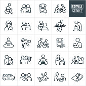 A set of nursing home icons that include editable strokes or outlines using the EPS vector file. The icons include a person in a wheel chair, medications, person visiting the elderly, nurse, person with arm around the shoulder of a patient, two people eating together in a nursing home, person doing rehabilitation, old person using a walker, person hurting their back, person with an illness or injury, person pushing an elderly person in a wheelchair, medical checkup, sad person, person lifting weights for rehabilitation, patient playing a board game, a doctor, person falling, person getting their blood pressure checked and a sick person in bed to name a few.